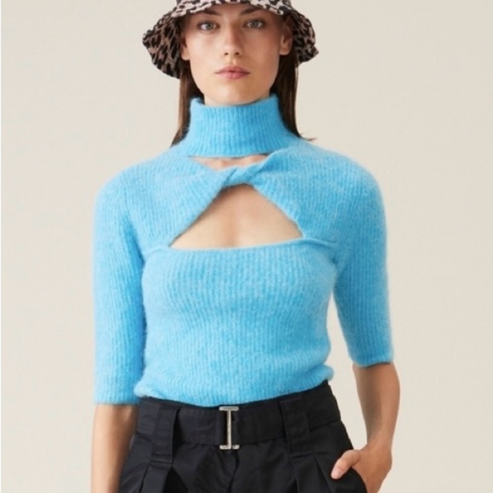 Ganni Sky Blue Cut-Out Turtleneck Sweater